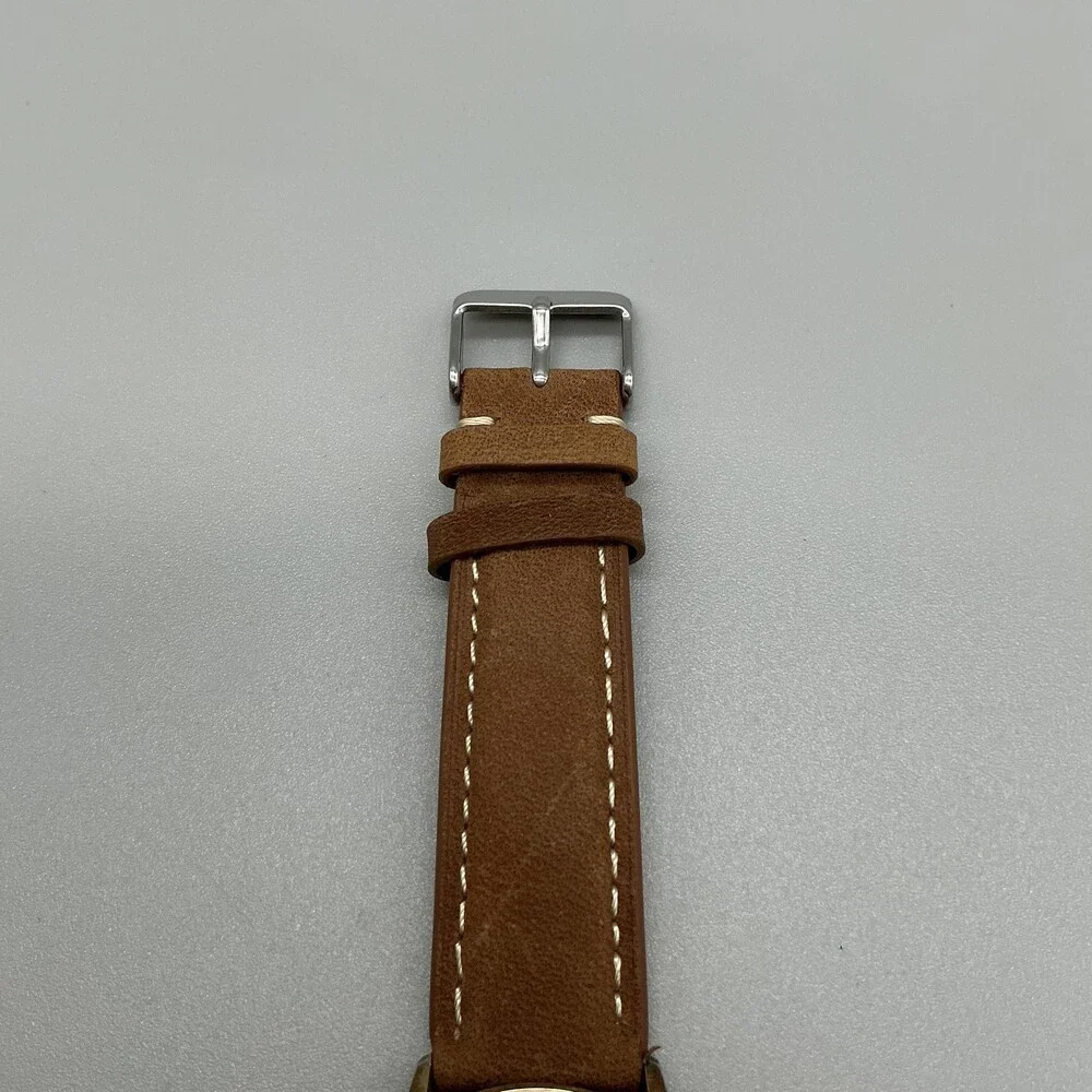 Vintage Timex Automatic Mens Watch 35mm Gold Tone Date Brown Leather Strap